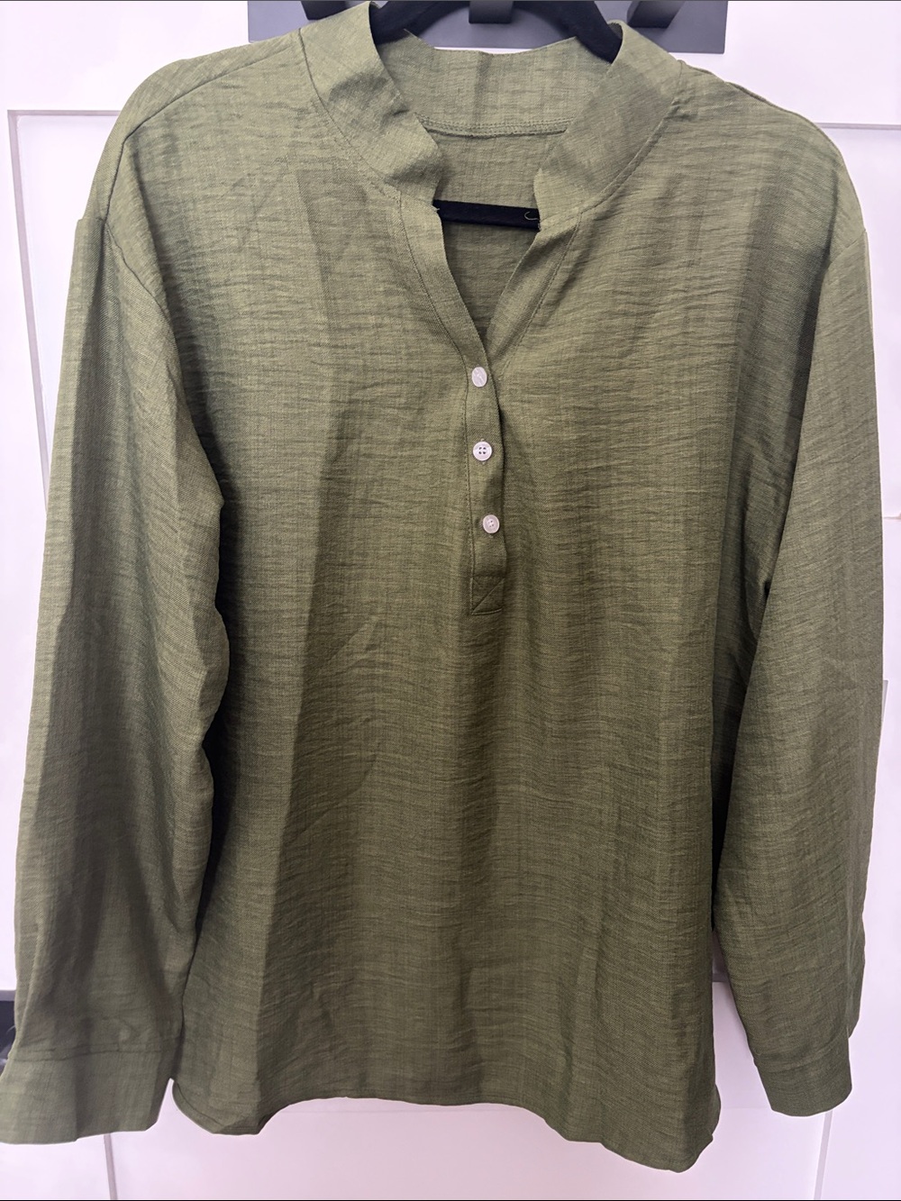 Women's Olive Green Band Collar Shirt